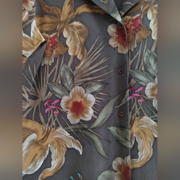 Vintage Jones New York Silk Blouse Shirt Brown Floral Short Sleeve Size 10 - Picture 2 of 6